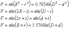 Equation for calculating hollow cylinder volume